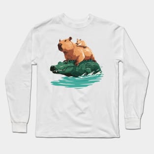 capybaras ride a crocodile Long Sleeve T-Shirt